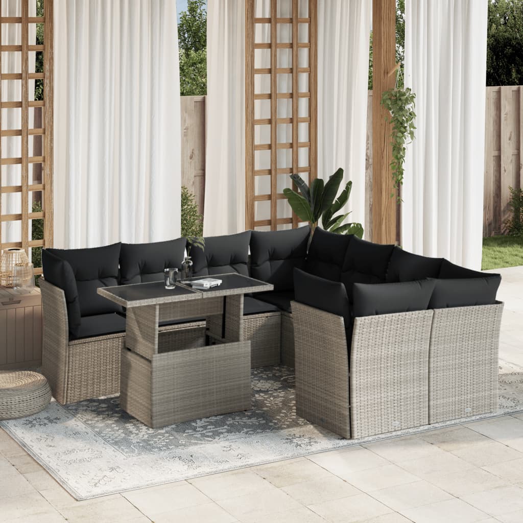 9 Pcs conj. sofás jardim com almofadões vime PE cinzento-claro