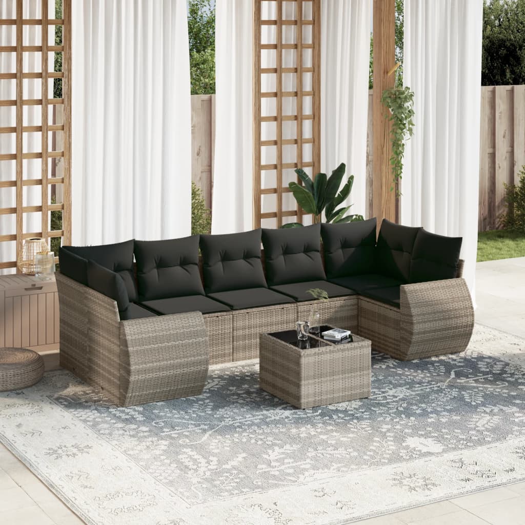8 Pcs conj. sofás jardim c/ almofadões vime PE cinzento-claro