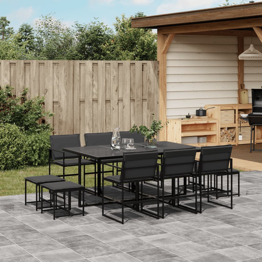 11 Pcs conj. de jantar p/ jardim c/ almofadões textilene preto