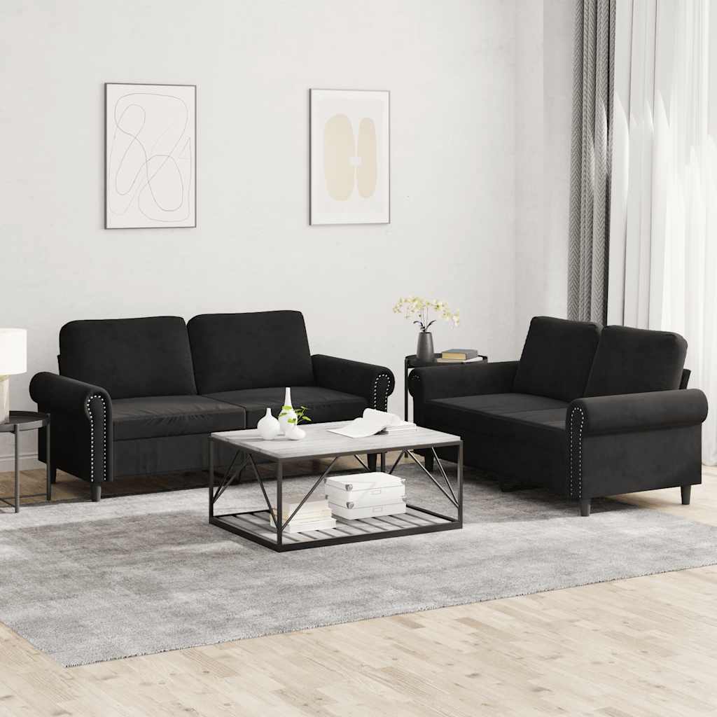 2 Pcs conjunto de sofás com almofadões veludo preto