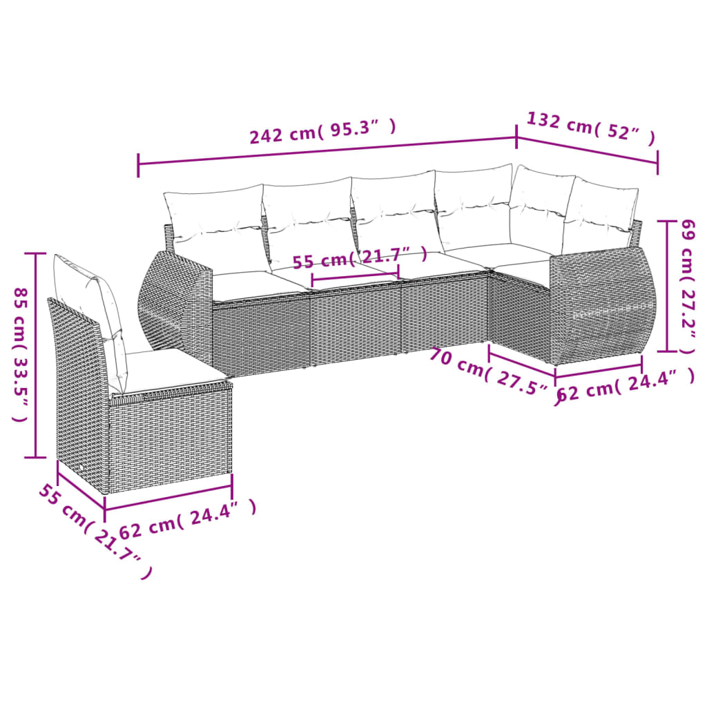 6 Pcs conj. sofás jardim com almofadões vime PE cinzento-claro