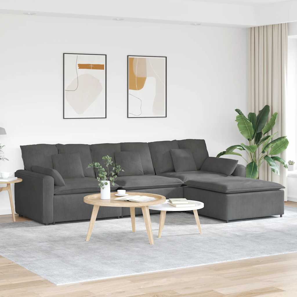 Sofá modular com pufes e almofadas cinzento-escuro