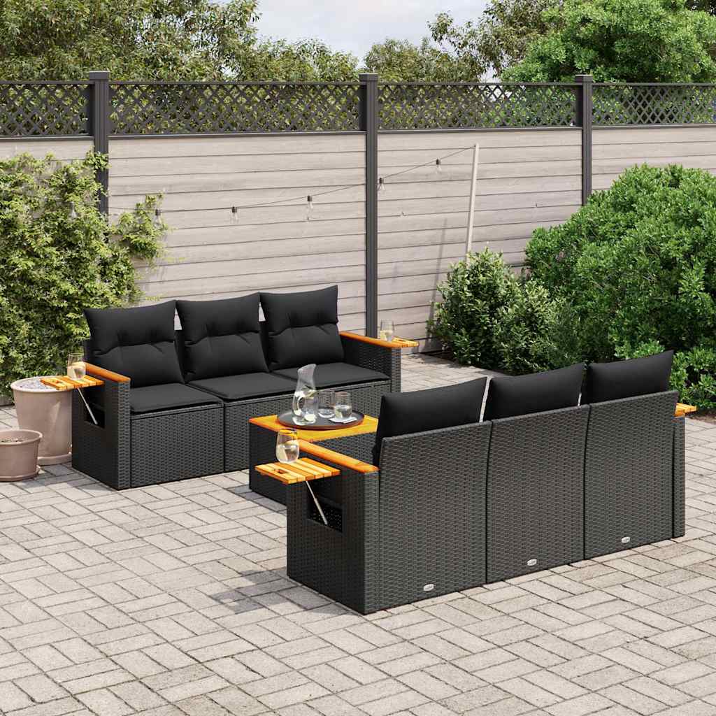 7 Pcs conjunto de sofás p/ jardim c/ almofadões vime PE preto