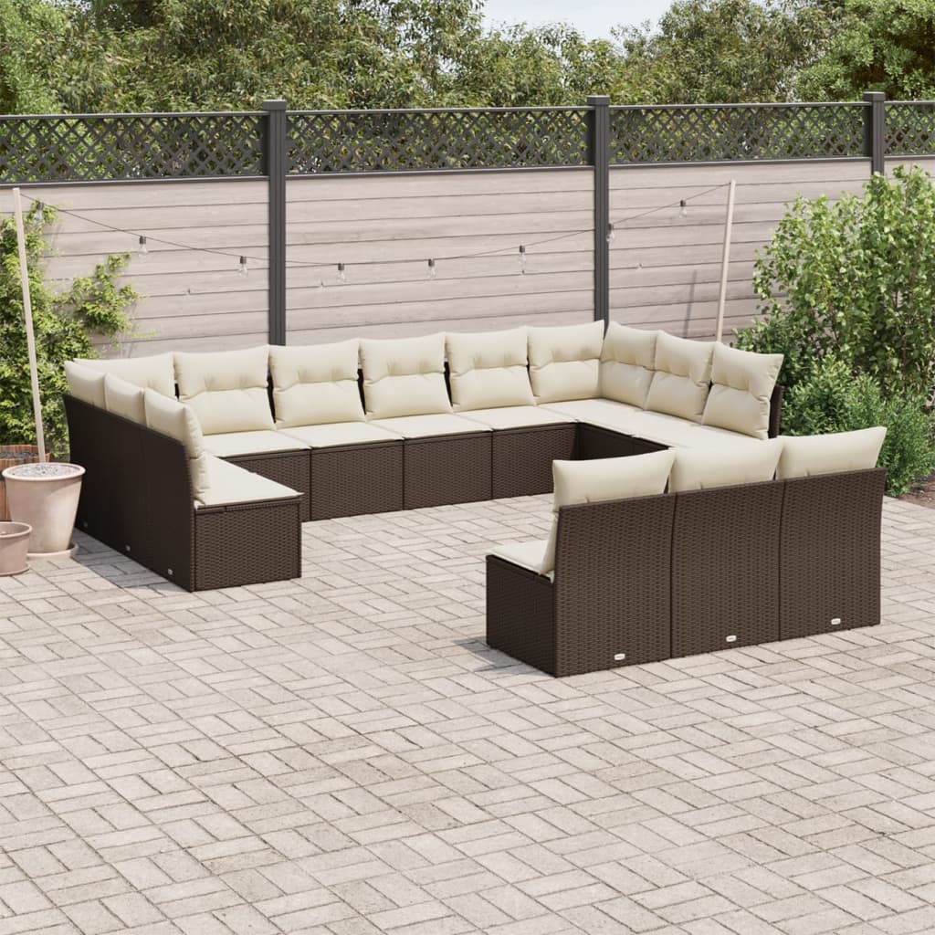 13 Pcs conjunto sofás p/ jardim c/ almofadões vime PE castanho
