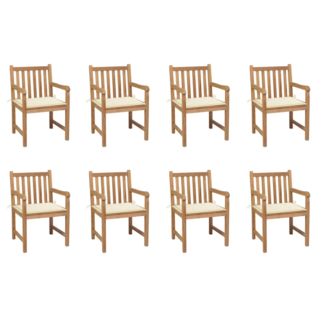 Cadeiras de jardim c/ almofadões cor creme 8 pcs teca maciça