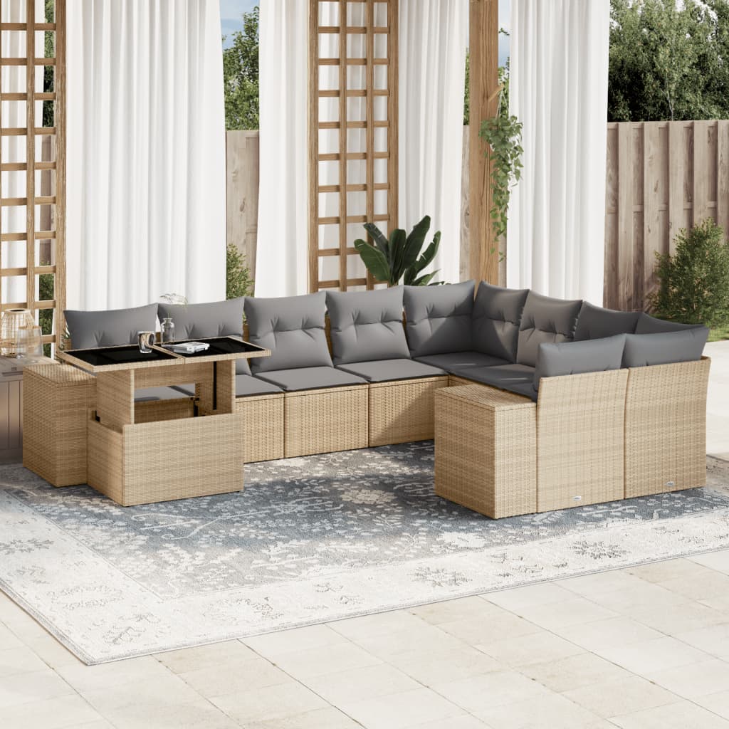 10 Pcs conjunto de sofás p/ jardim com almofadões vime PE bege