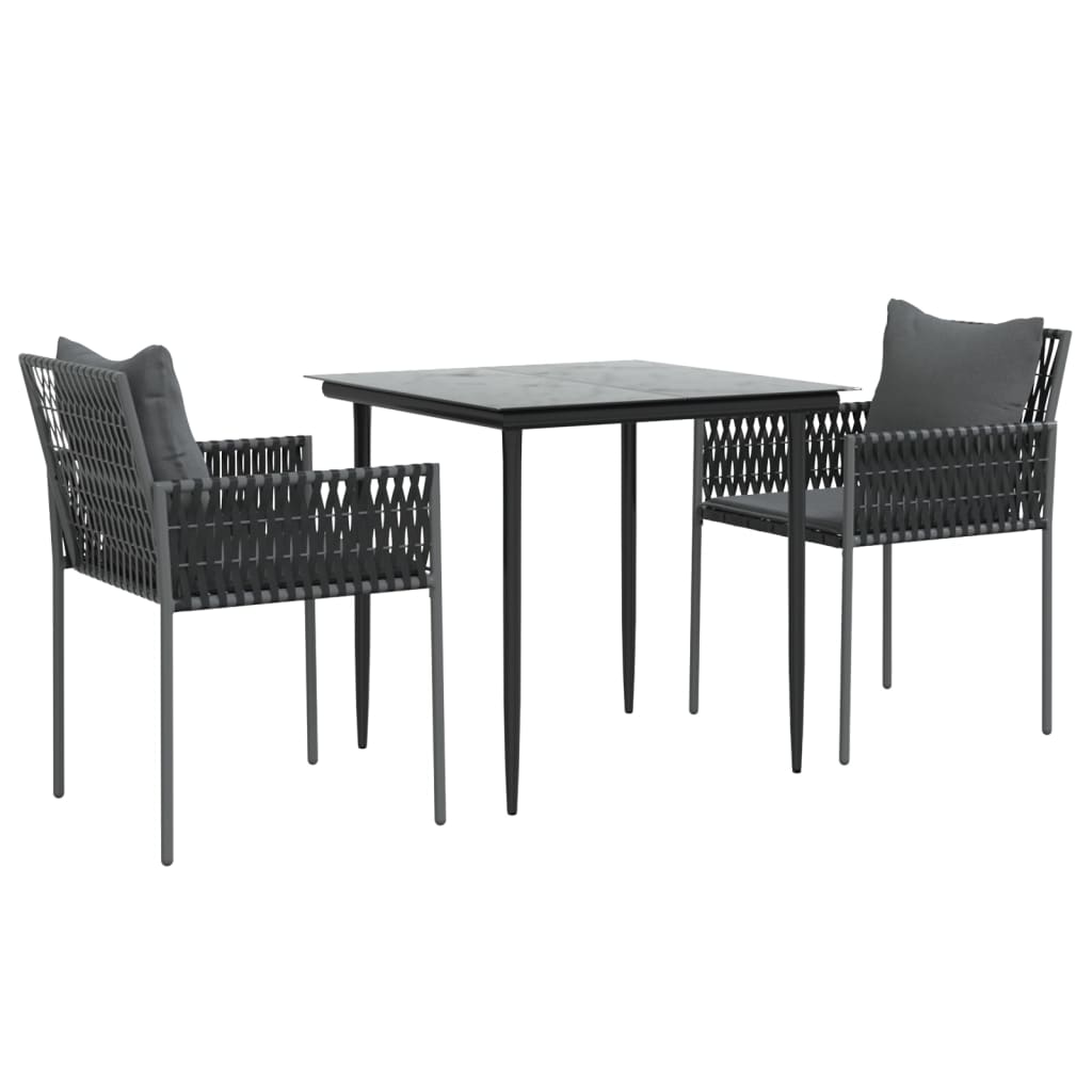3 Pcs conjunto de jantar p/ jardim c/ almofadões vime PE e aço
