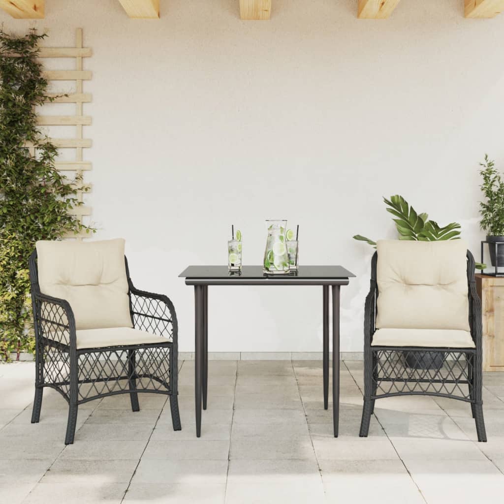 3 Pcs conjunto de bistrô com almofadões vime PE preto
