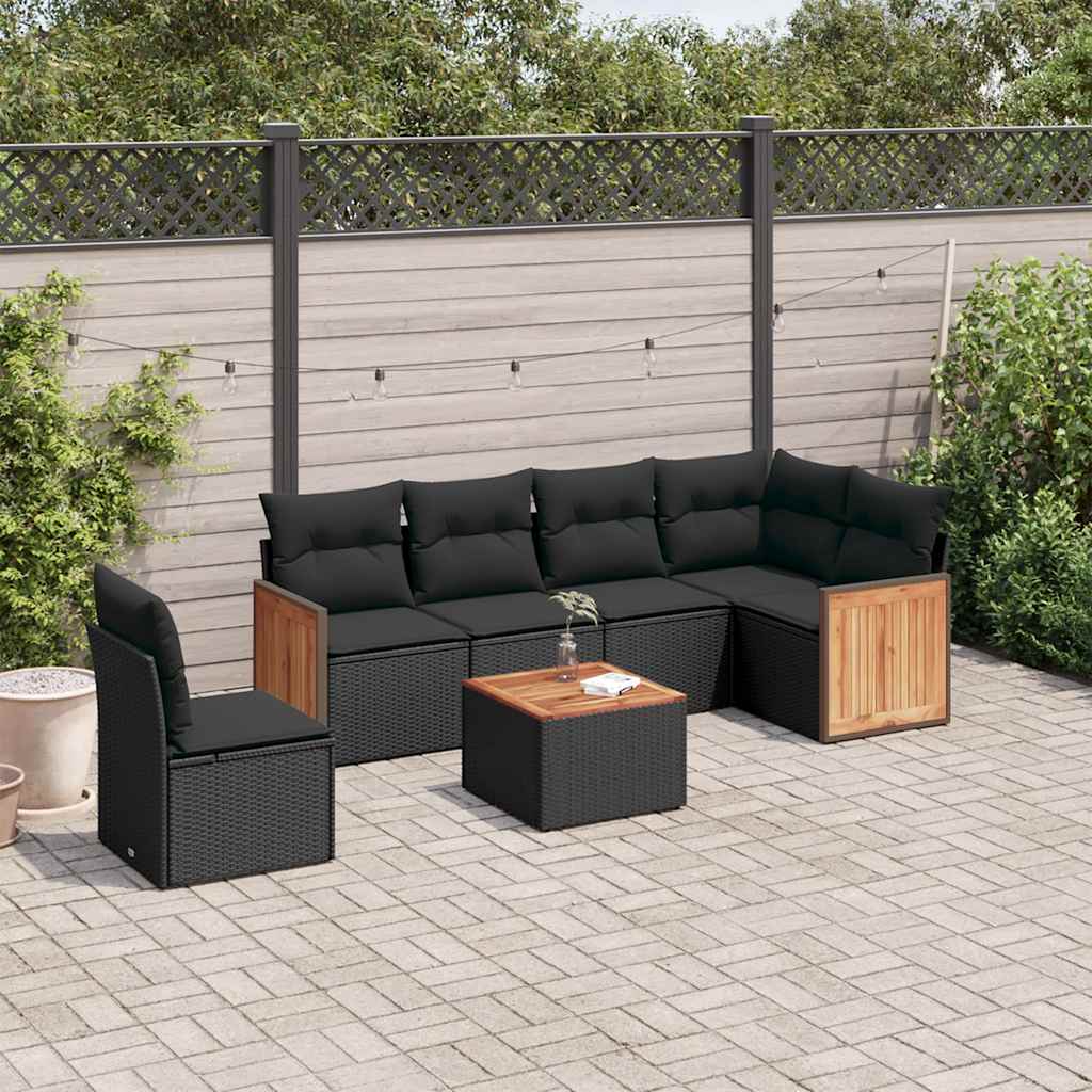 7 Pcs conjunto de sofás p/ jardim c/ almofadões vime PE preto