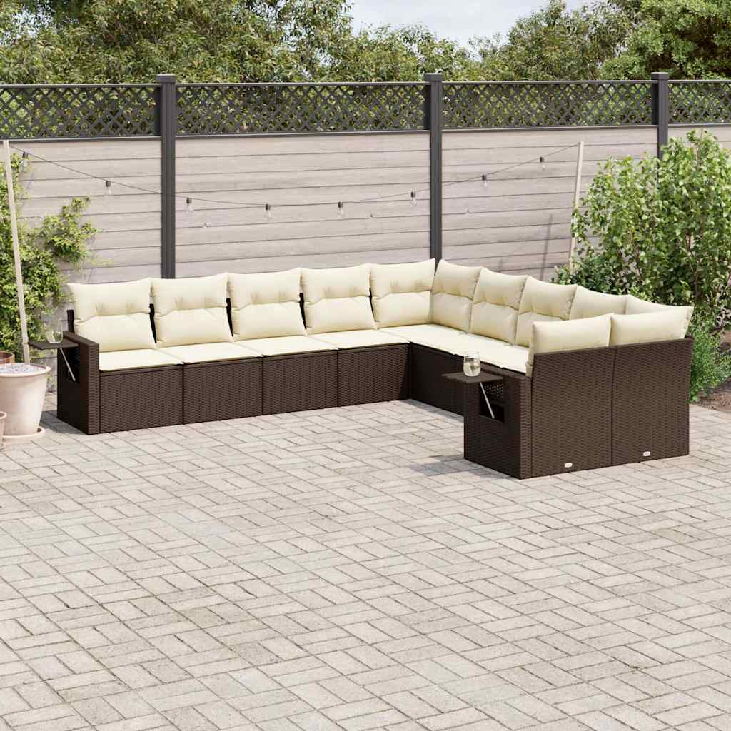 10 Pcs conj. sofás jardim com almofadões vime PE castanho