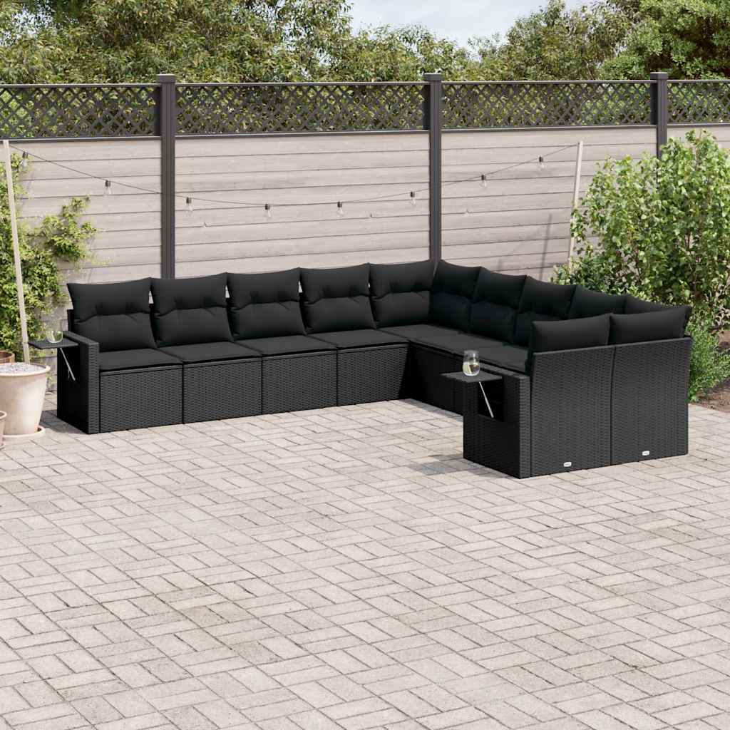 10 Pcs conjunto sofás de jardim c/ almofadões vime PE preto