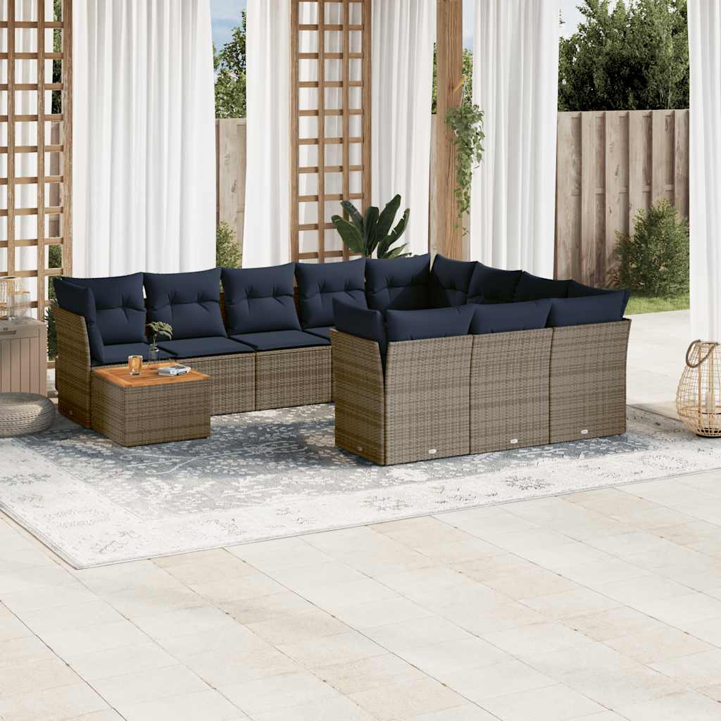 11 Pcs conjunto sofás de jardim c/ almofadões vime PE cinzento