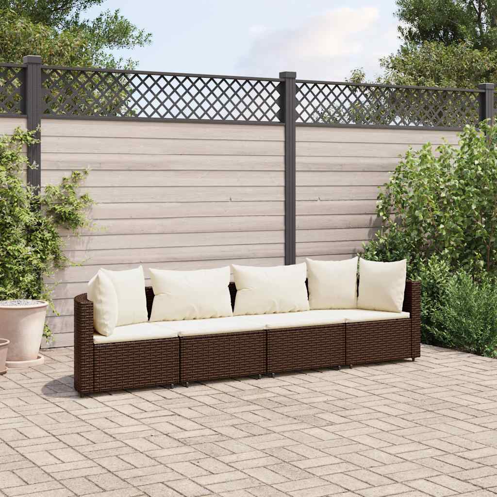 4 Pcs conjunto sofás de jardim c/ almofadões vime PE castanho