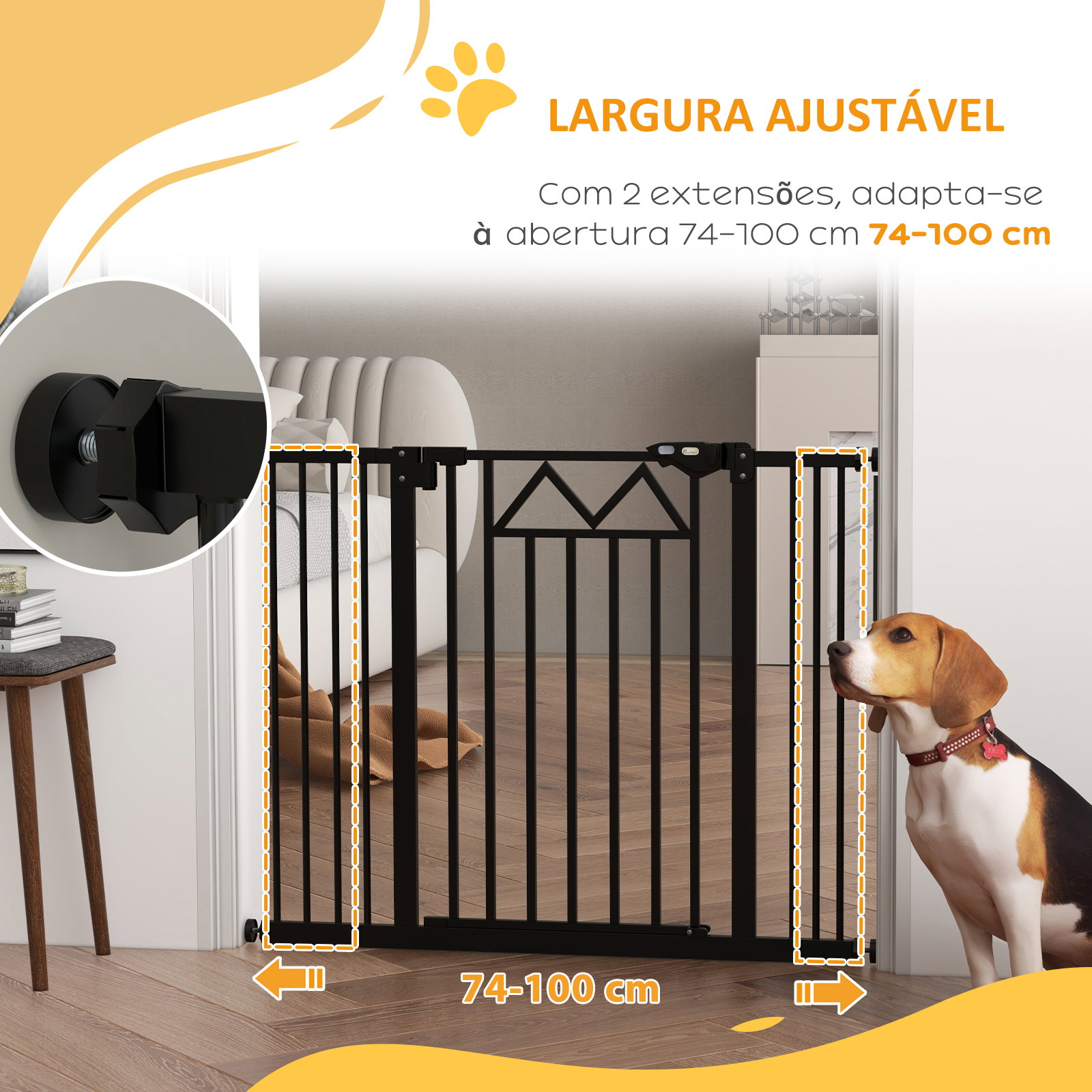 Barreira de segurança extensível para animais de estimação com fecho automático e sistema de duplo bloqueio 74-100x76 cm preto