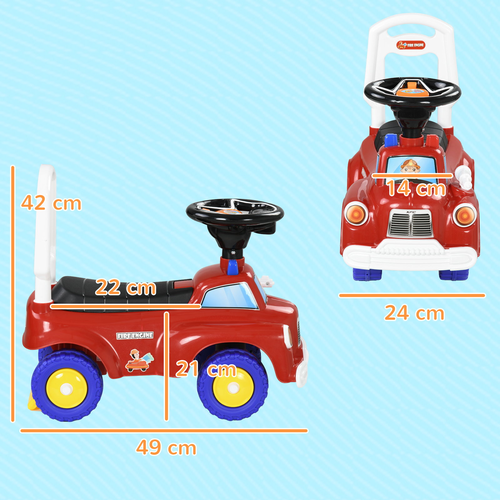 Carro andador para crianças com desenho de camião de bombeiros 3 luzes música e compartimento de arrumação 49x24x42 cm vermelho