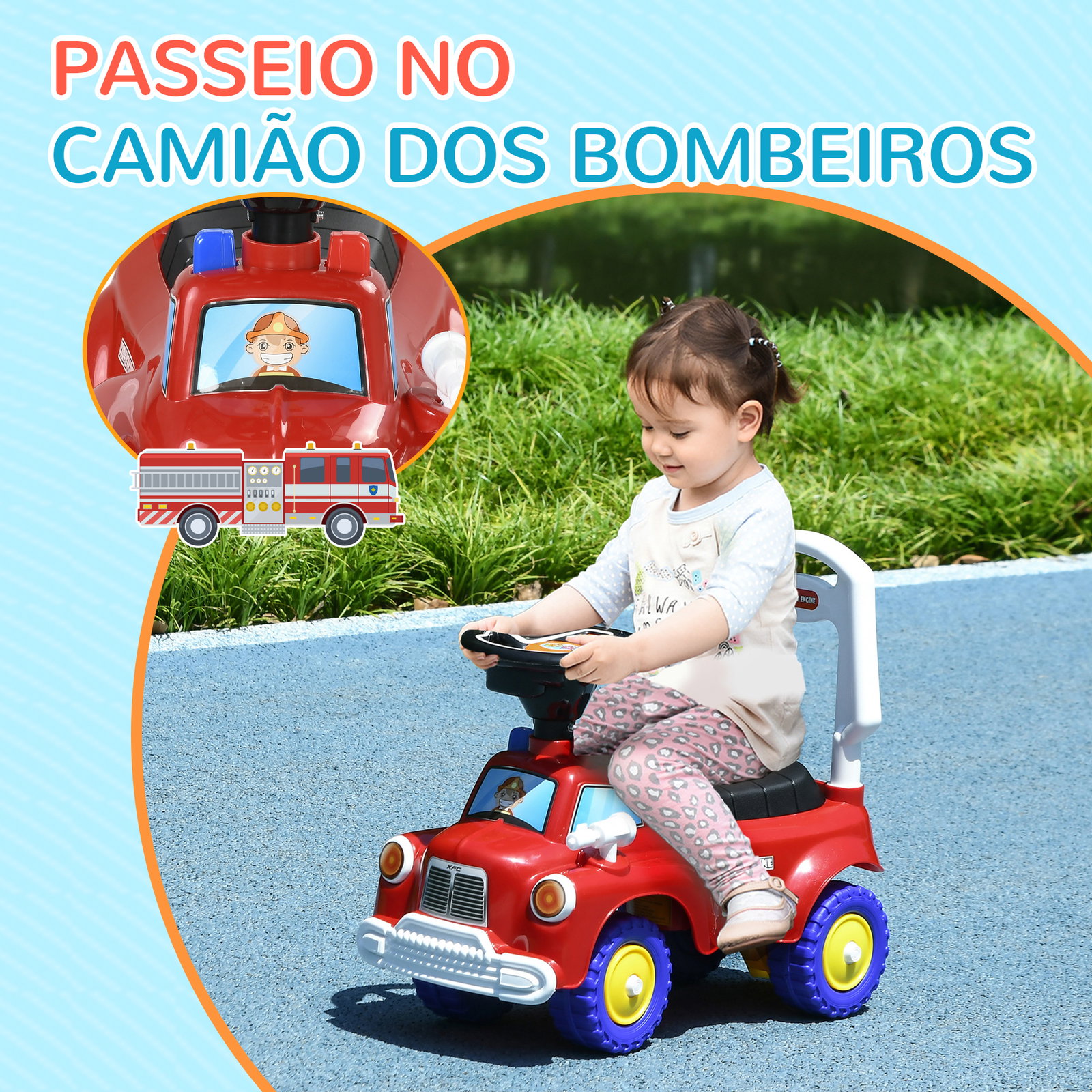 Carro andador para crianças com desenho de camião de bombeiros 3 luzes música e compartimento de arrumação 49x24x42 cm vermelho