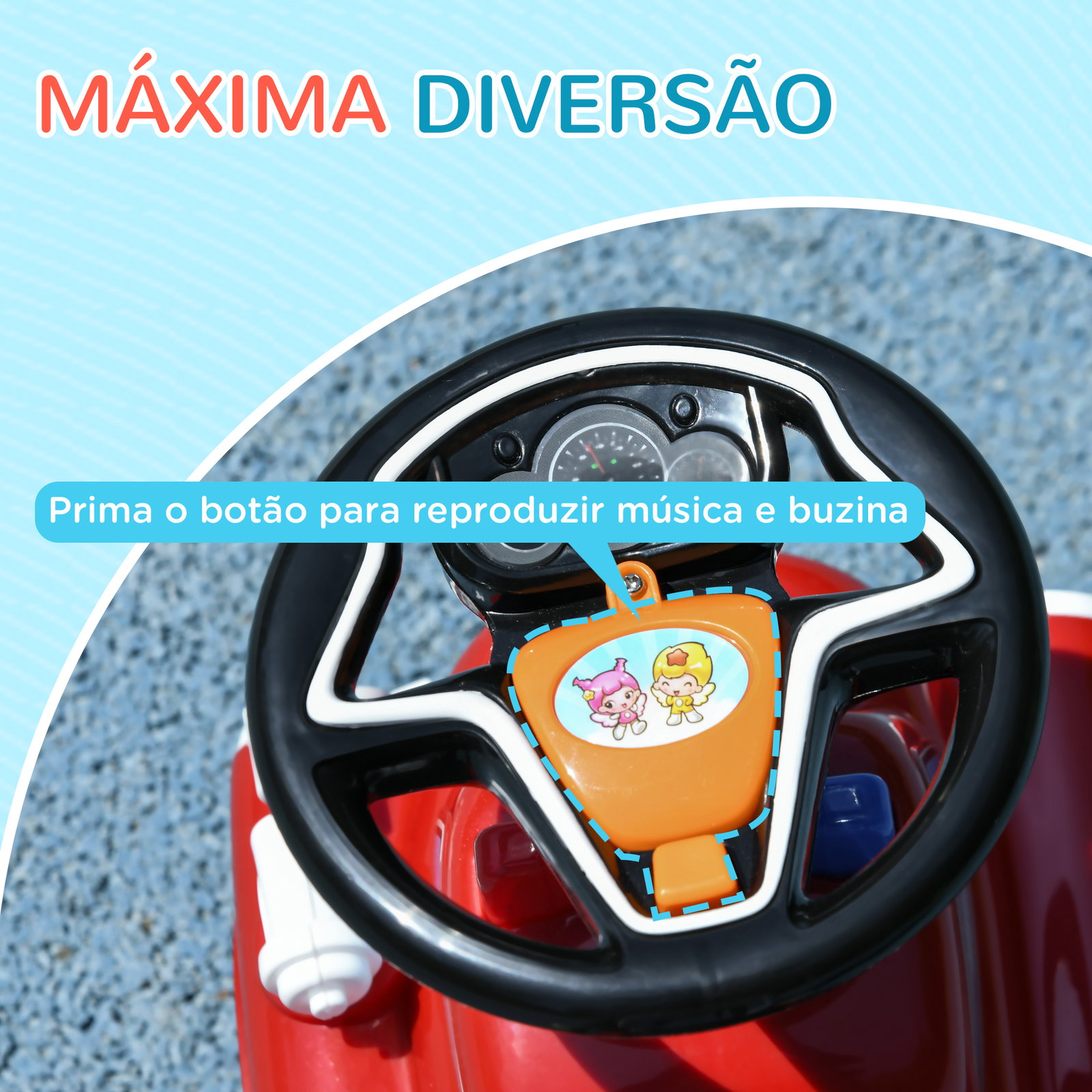 Carro andador para crianças com desenho de camião de bombeiros 3 luzes música e compartimento de arrumação 49x24x42 cm vermelho