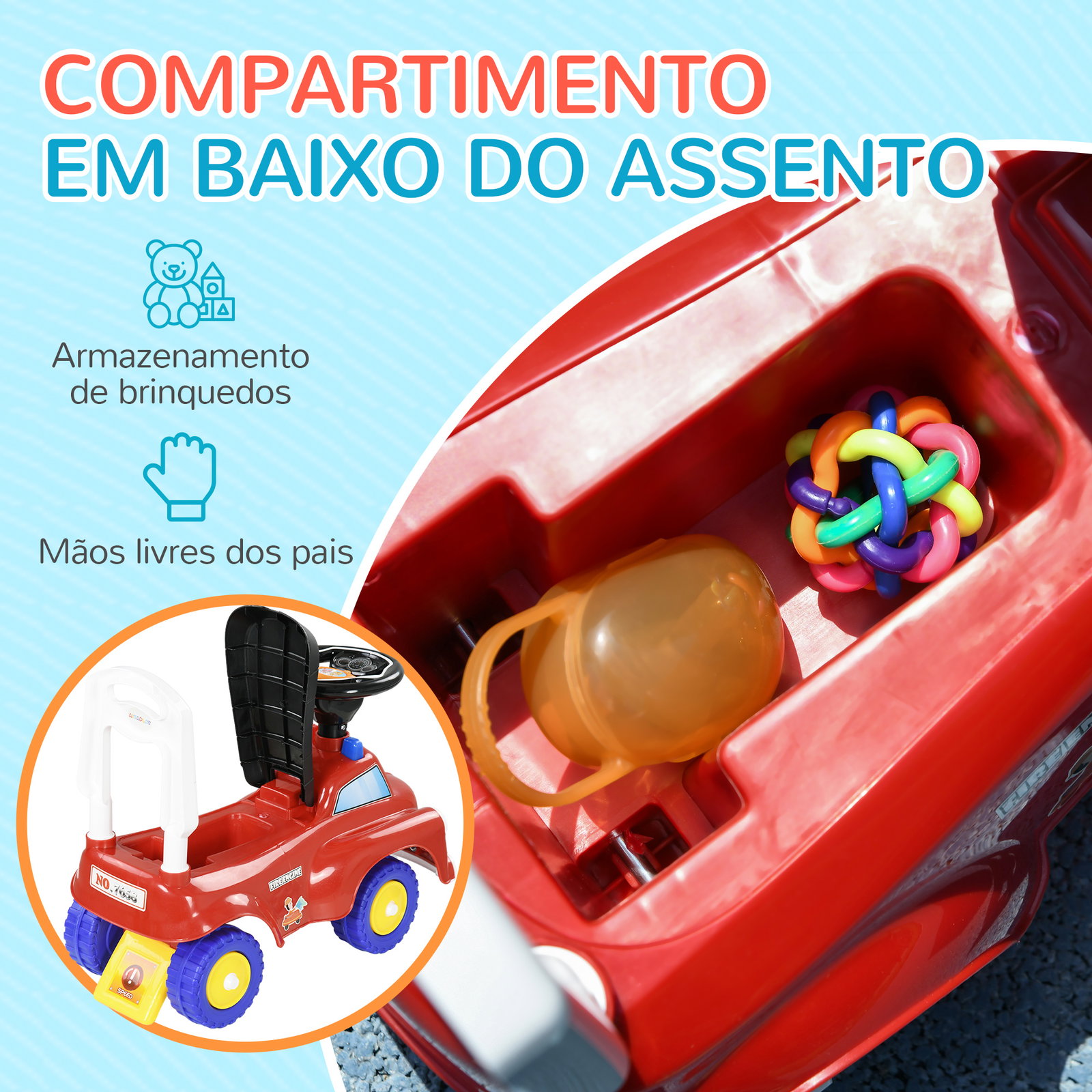 Carro andador para crianças com desenho de camião de bombeiros 3 luzes música e compartimento de arrumação 49x24x42 cm vermelho
