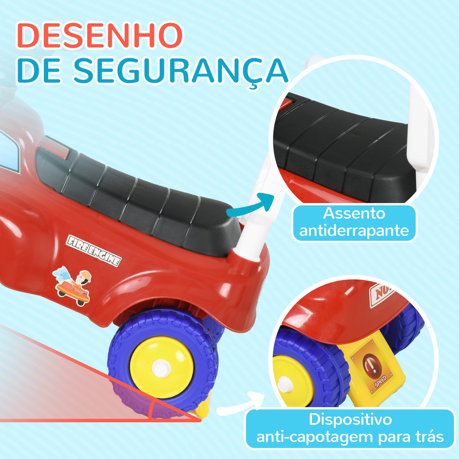 Carro andador para crianças com desenho de camião de bombeiros 3 luzes música e compartimento de arrumação 49x24x42 cm vermelho