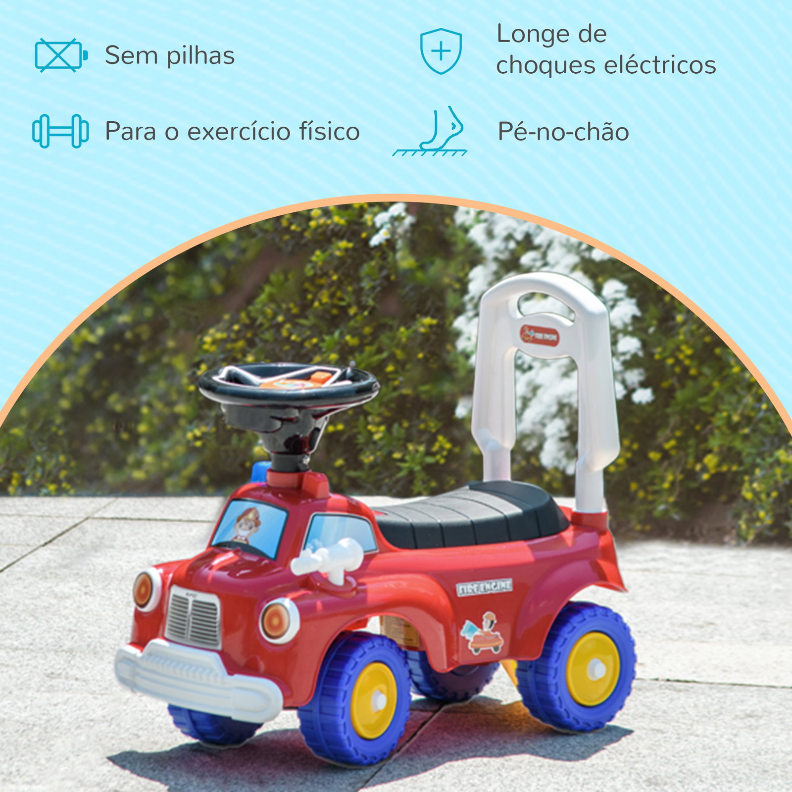 Carro andador para crianças com desenho de camião de bombeiros 3 luzes música e compartimento de arrumação 49x24x42 cm vermelho