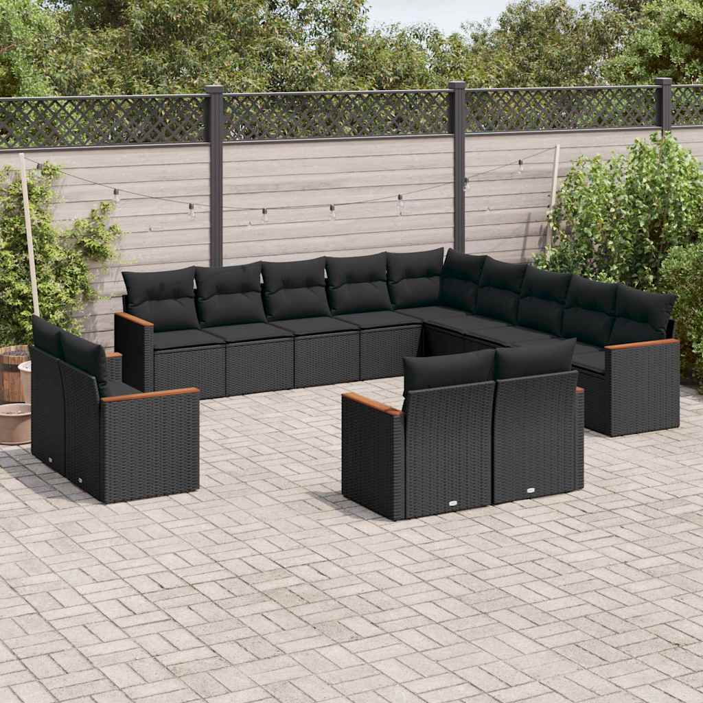 13 Pcs conjunto de sofás de jardim com almofadões vime PE preto