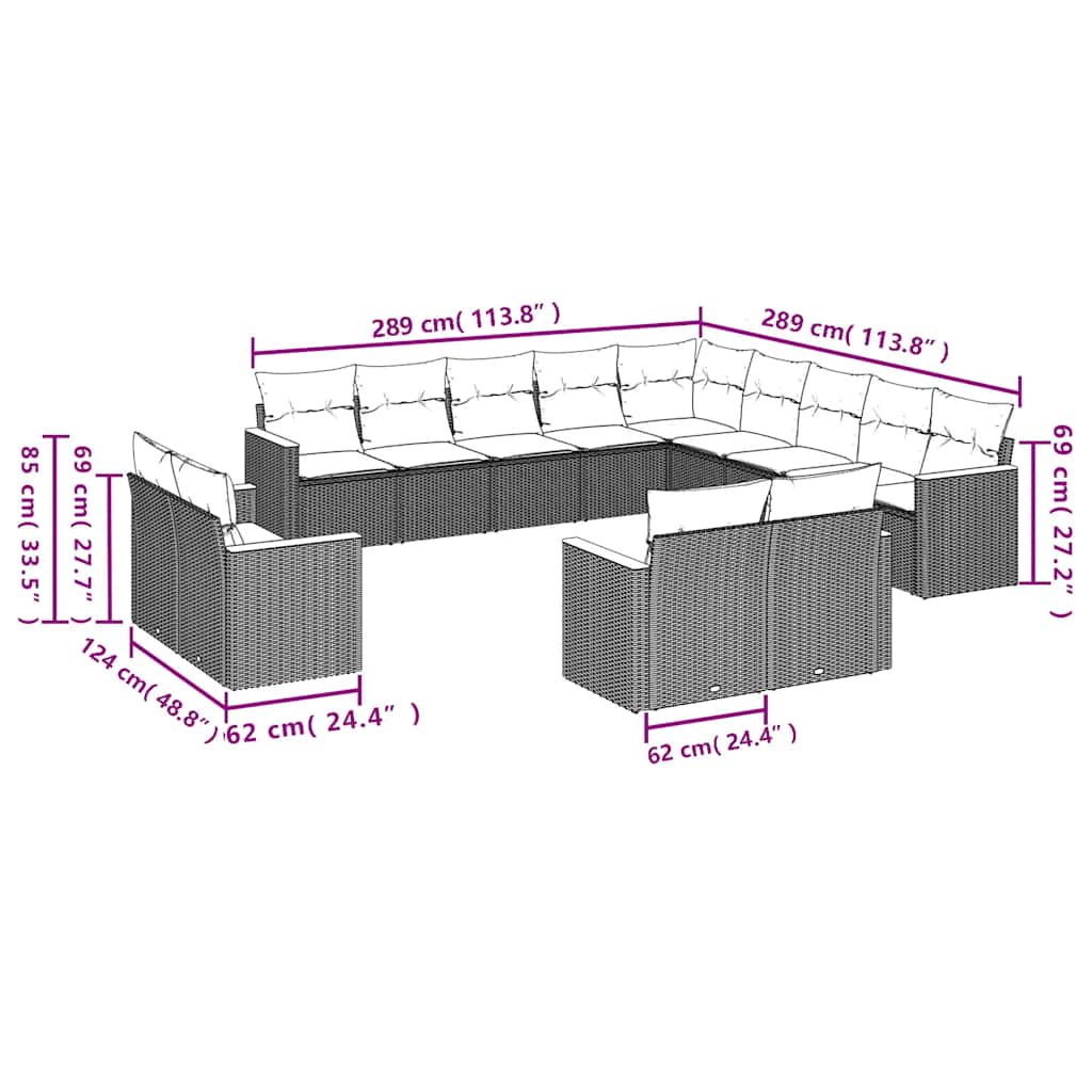 13 Pcs conjunto de sofás de jardim com almofadões vime PE preto