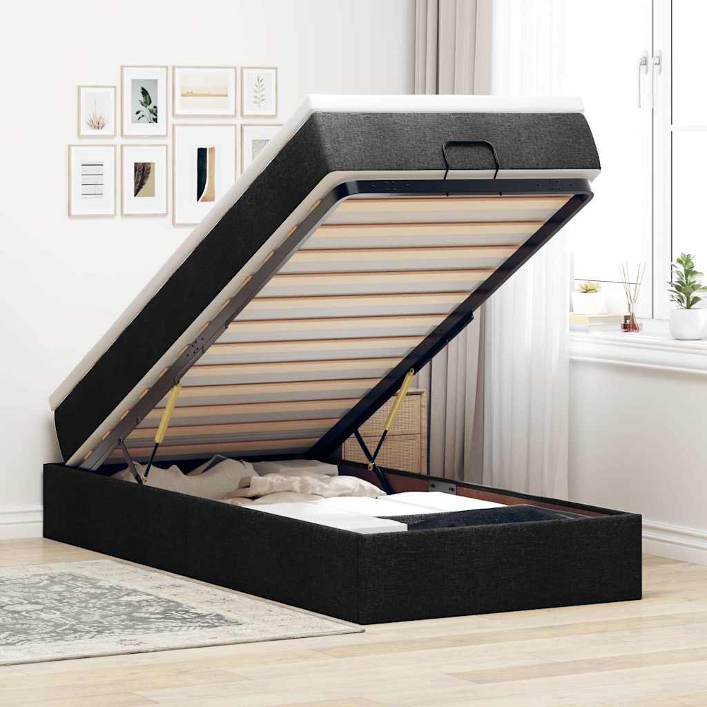 Estrutura de cama otomana com colchão preto tecido