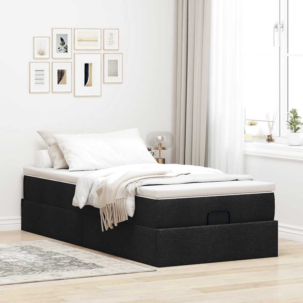 Estrutura de cama otomana com colchão preto tecido