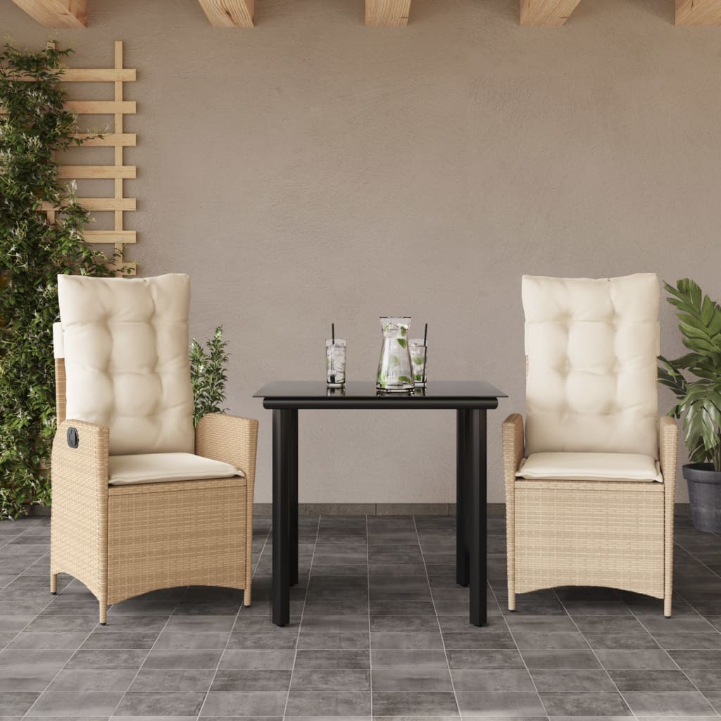 3 Pcs conjunto de jantar p/ jardim com almofadões vime PE bege