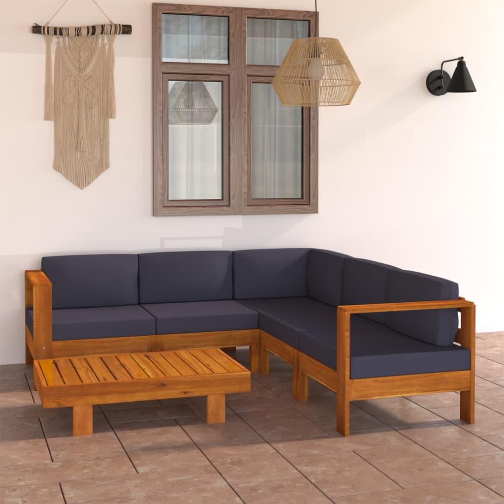 6 Pcs conj. lounge de jardim c/ almofadões cinza-escuro acácia