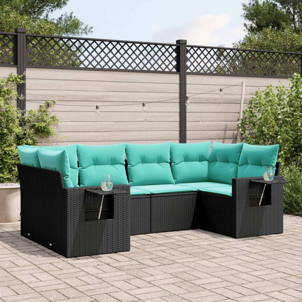 Conjunto de sofá de jardim com 6 peças e almofadas em rattan sintético preto