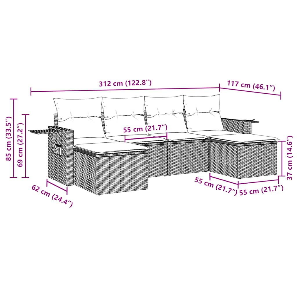 6 Pcs conjunto sofás de jardim c/ almofadões vime PE preto