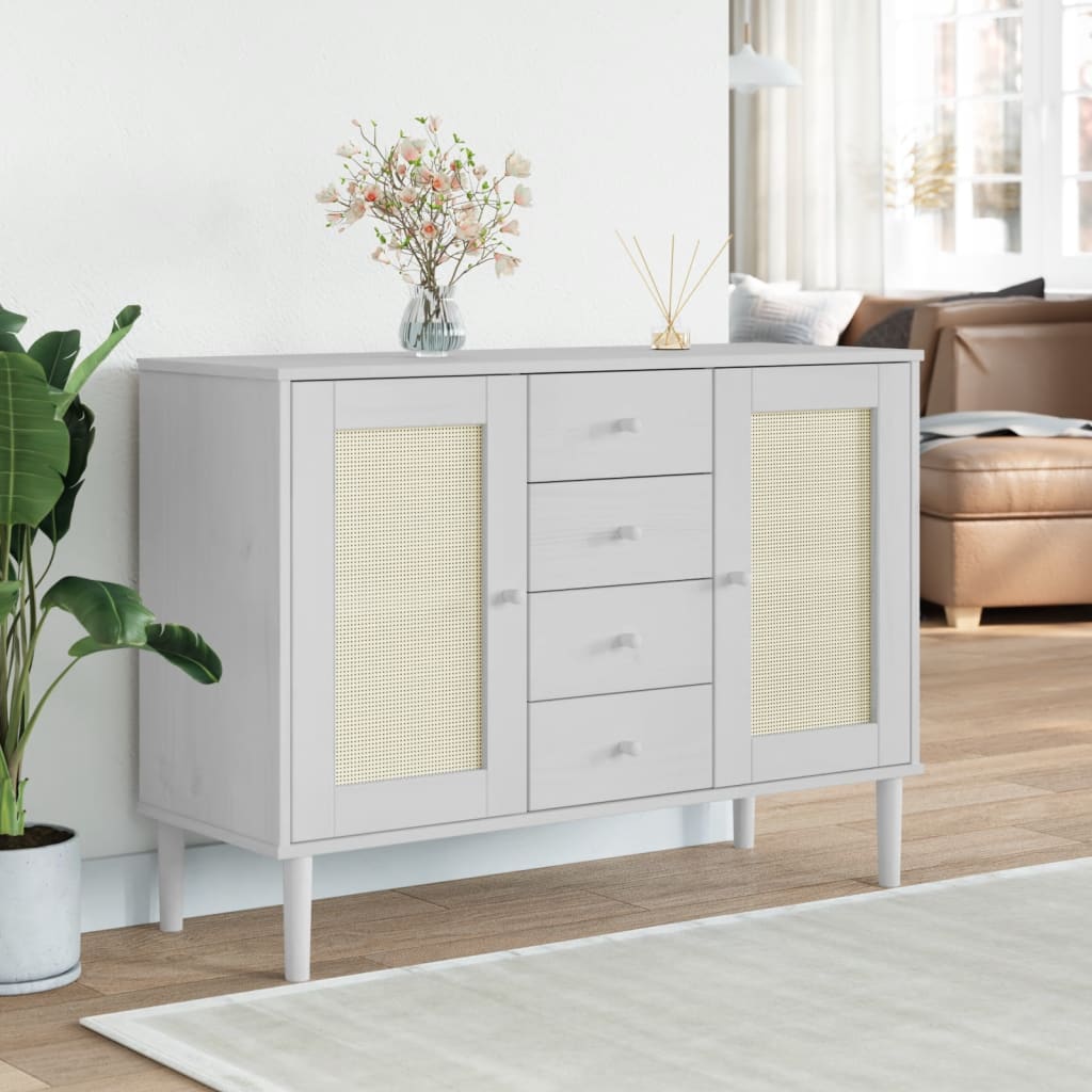 Aparador senja aspeto de vime 112x40x80 cm pinho maciço branco