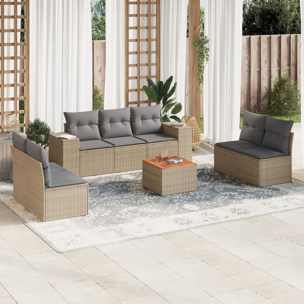 8 Pcs conjunto de sofás p/ jardim com almofadões vime PE bege