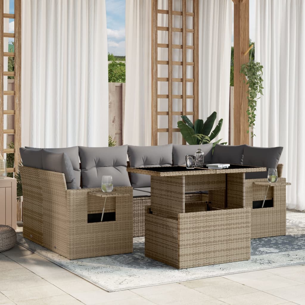 7 Pcs conjunto de sofás p/ jardim com almofadões vime PE bege