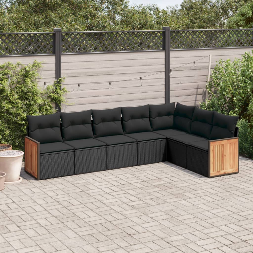 7 Pcs conjunto de sofás p/ jardim c/ almofadões vime PE preto