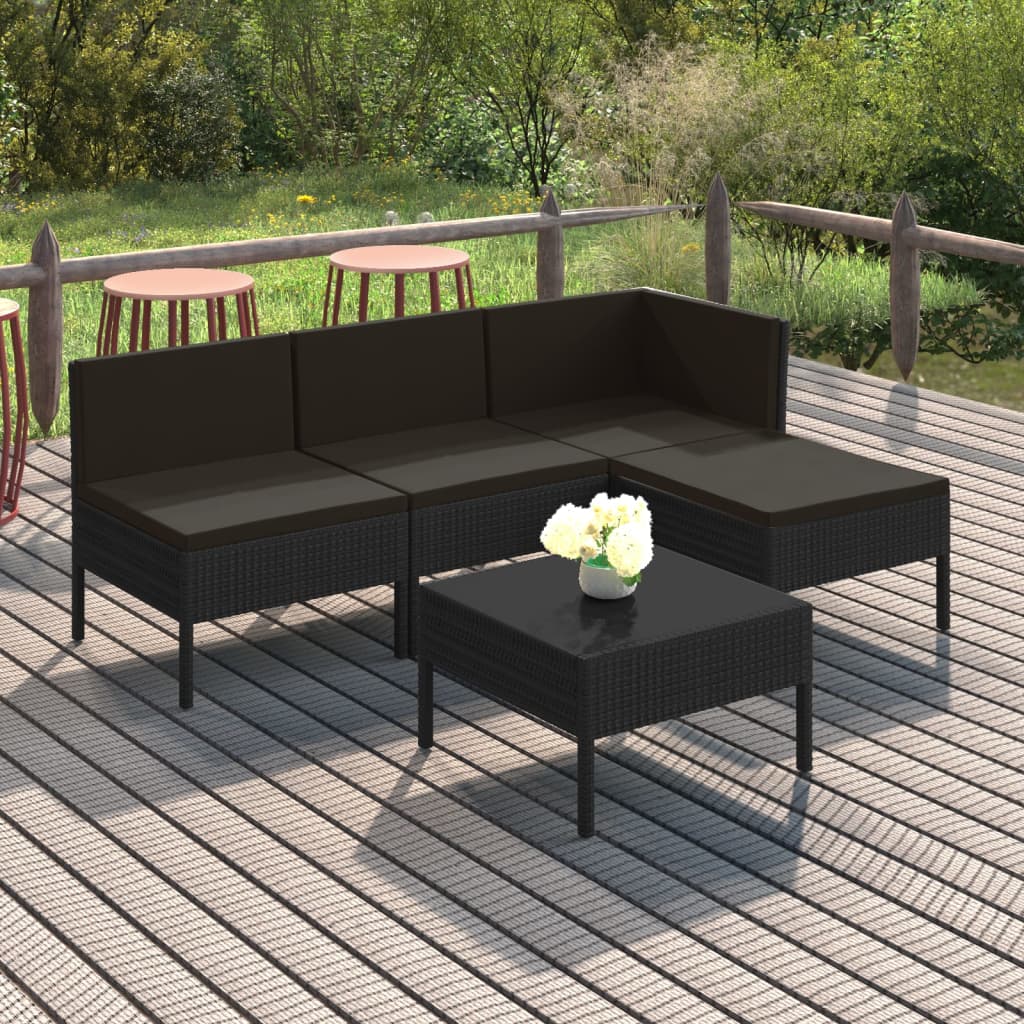 5 Pcs conjunto lounge de jardim c/ almofadões vime PE preto