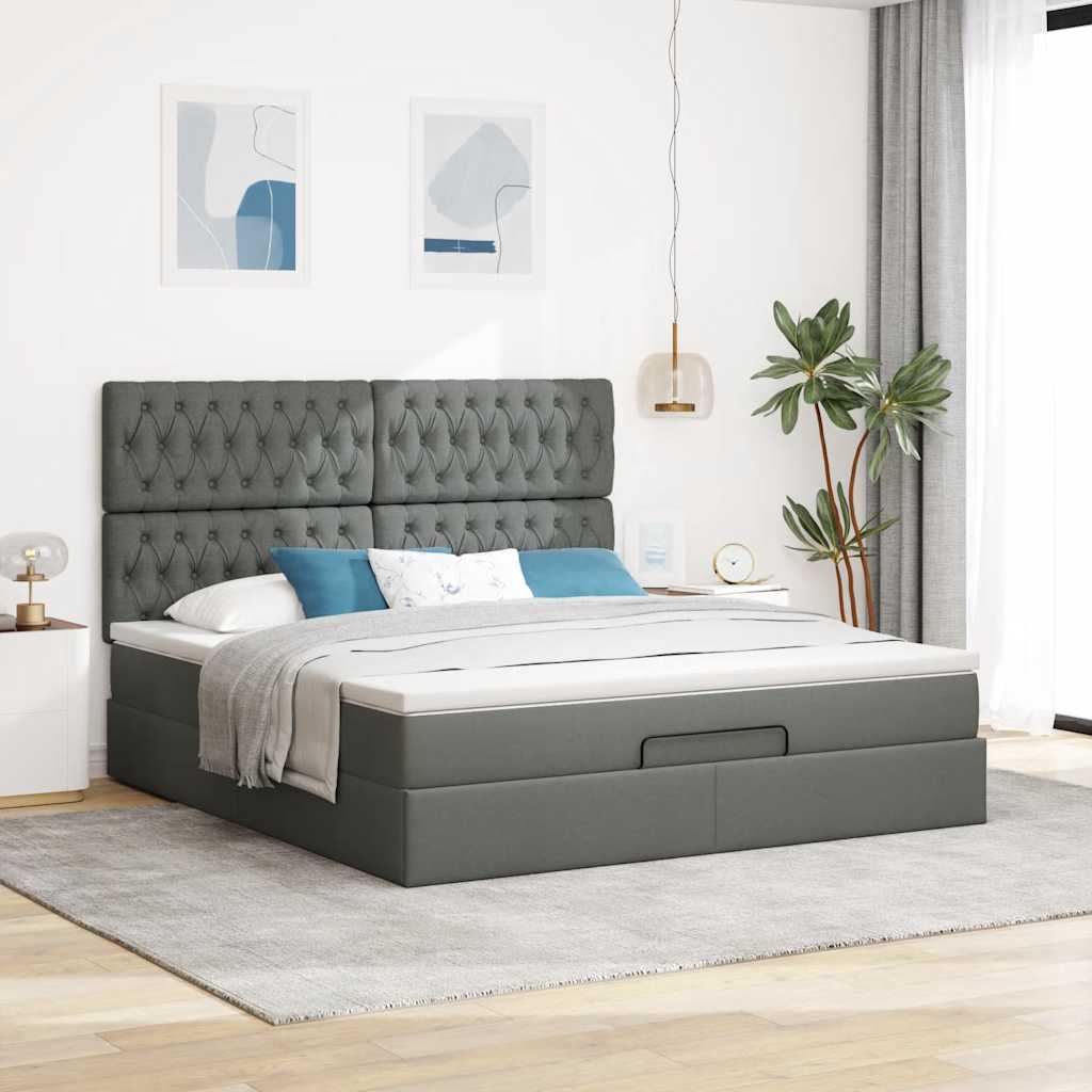 Estrutura de cama otomana com colchão tecido cinzento escuro