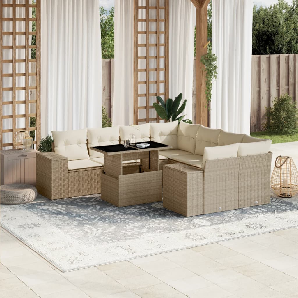 9 Pcs conjunto de sofás p/ jardim com almofadões vime PE bege
