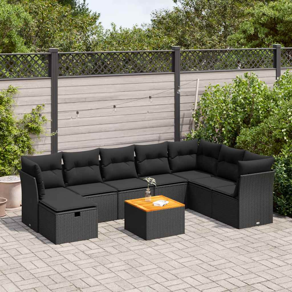 9 Pcs conjunto de sofás p/ jardim c/ almofadões vime PE preto