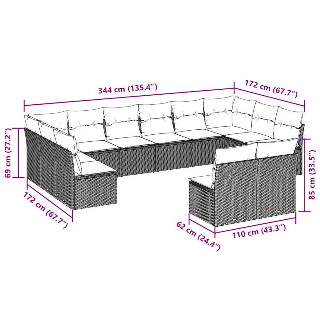 12 Pcs conjunto de sofás jardim com almofadões vime PE castanho