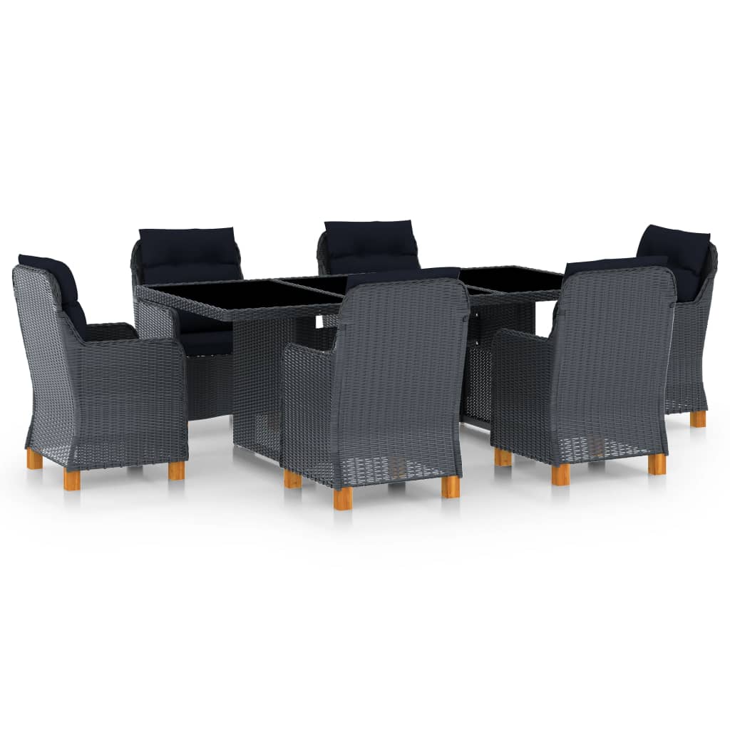 7 Pcs conj. jantar exterior c/ almofadões vime PE cinza-escuro