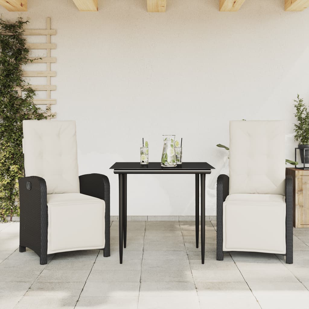 3 Pcs conjunto de bistrô com almofadões vime PE preto