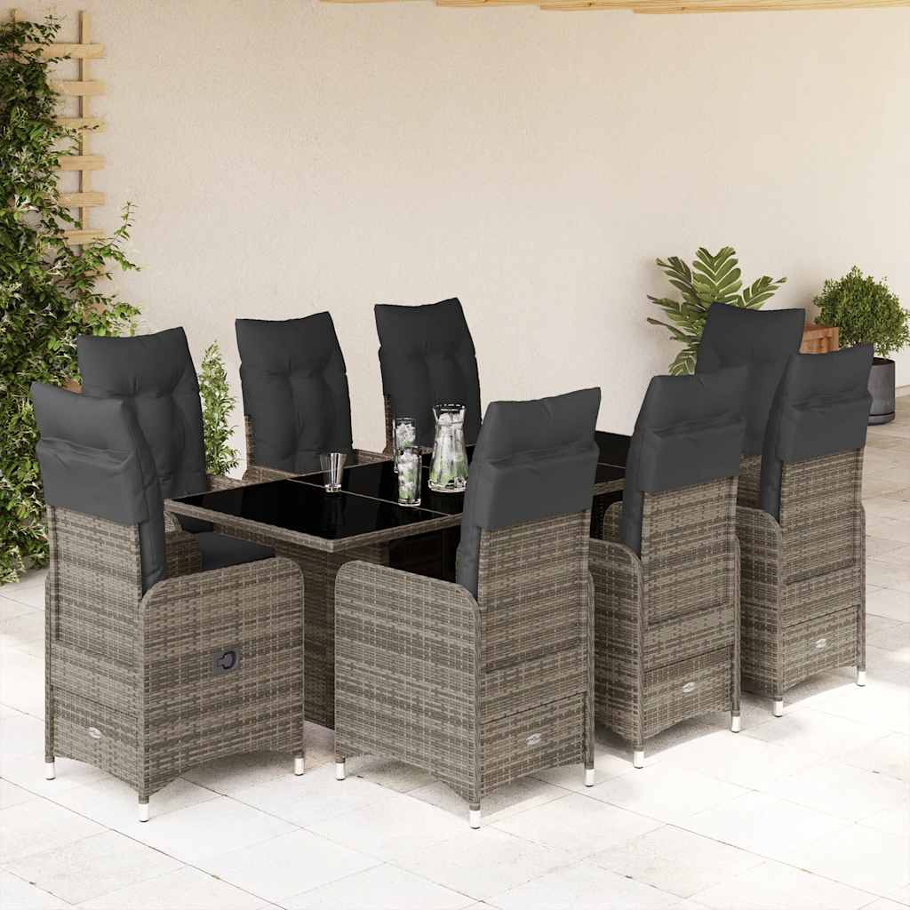 9 Pcs conjunto bistrô de jardim c/ almofadões vime PE cinzento