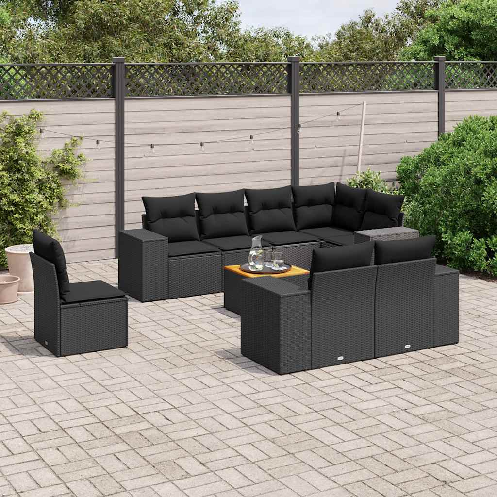 9 Pcs conjunto de sofás p/ jardim c/ almofadões vime PE preto