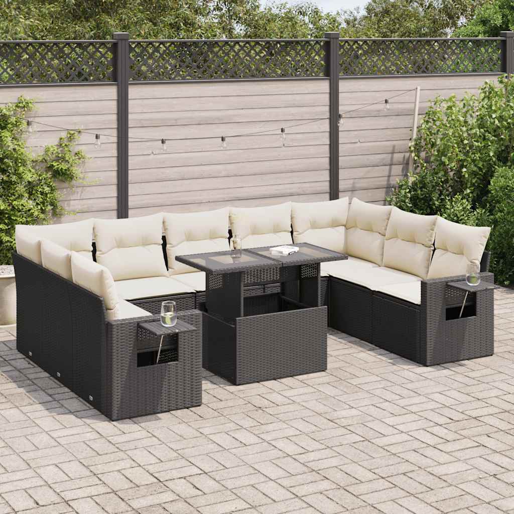 10 Pcs conjunto sofás de jardim c/ almofadões vime PE preto
