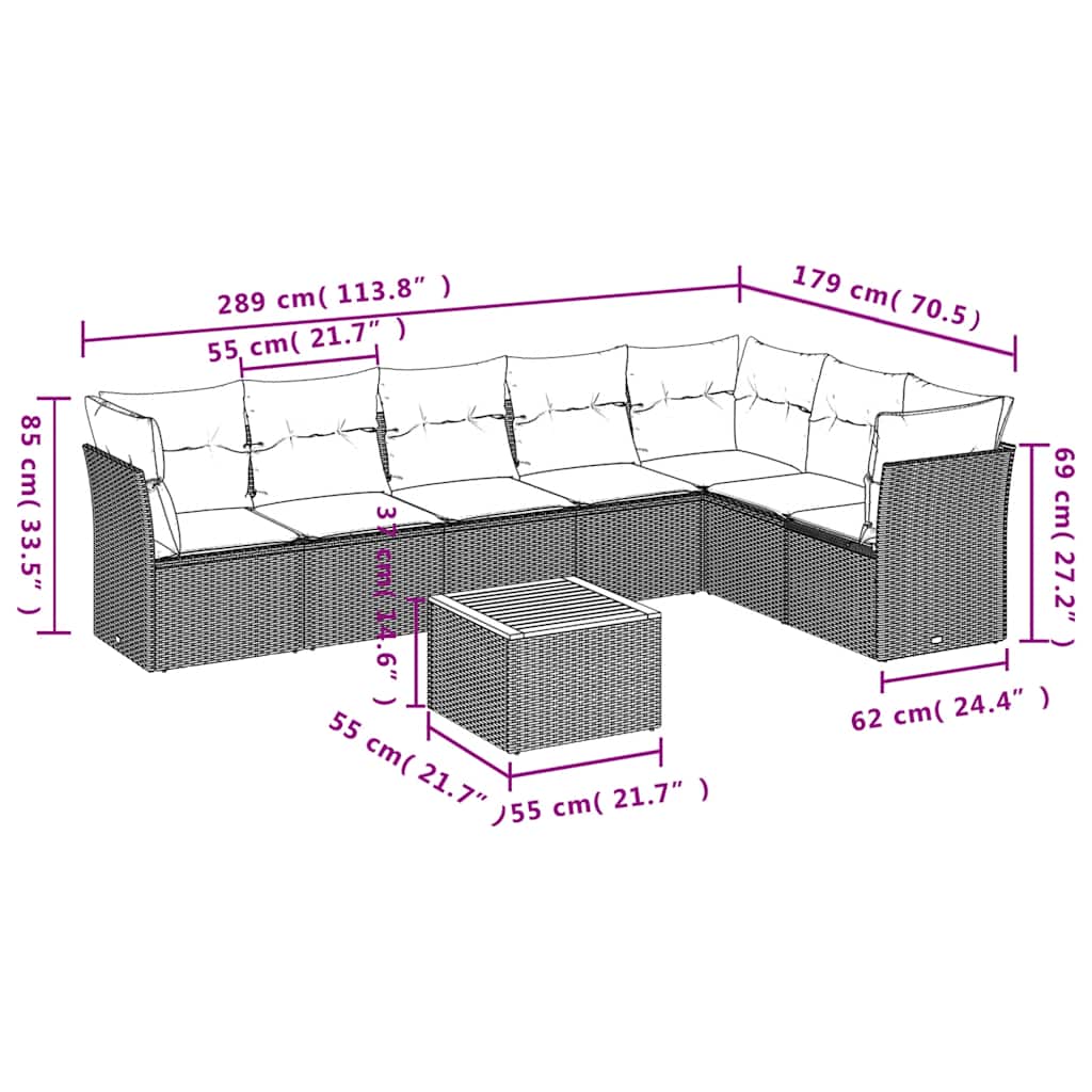 8 Pcs conjunto sofás de jardim com almofadões vime PE preto
