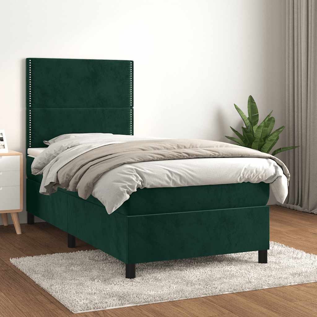 Cama com molas/colchão 100x200 cm veludo verde-escuro