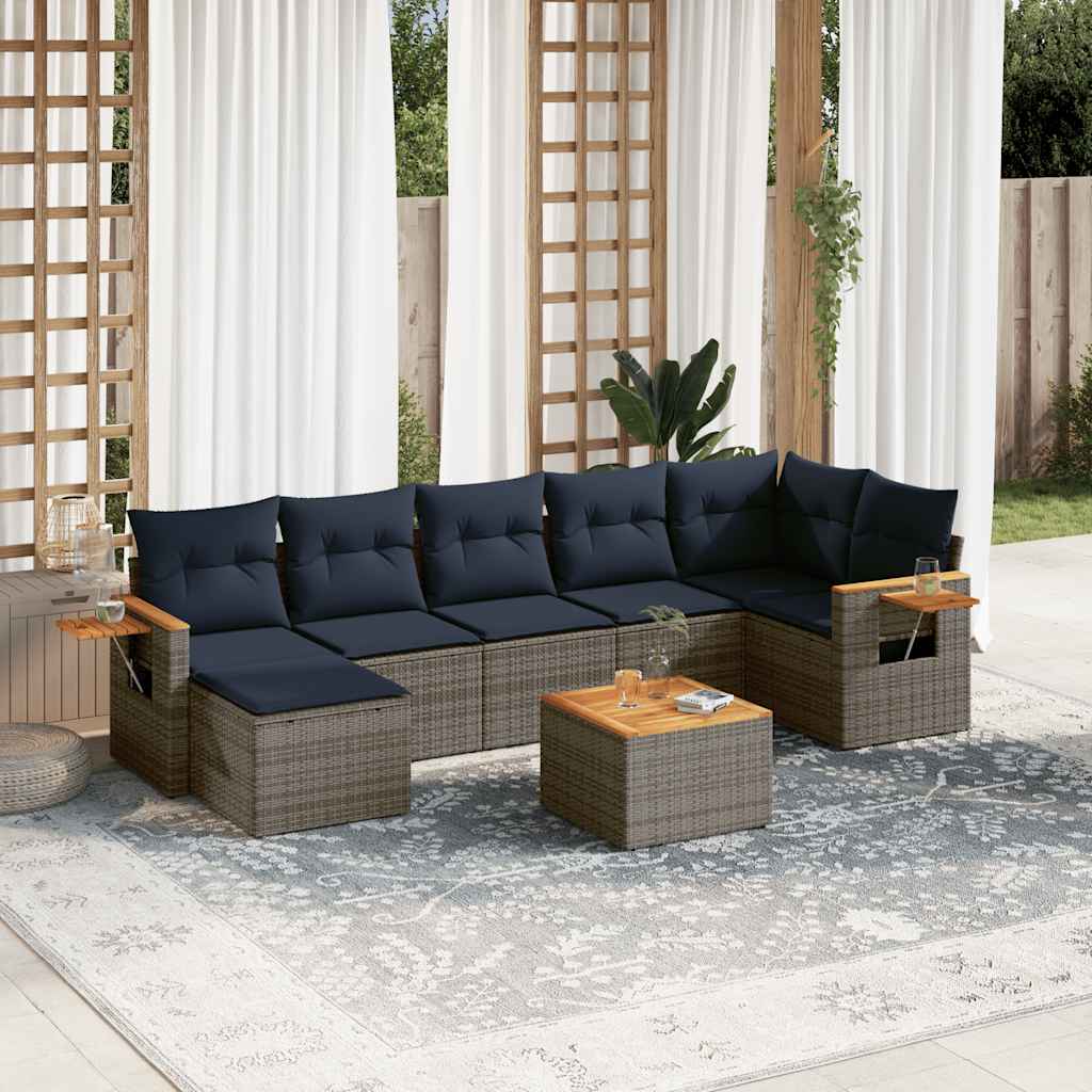 8 Pcs conjunto sofás p/ jardim c/ almofadões vime PE cinzento