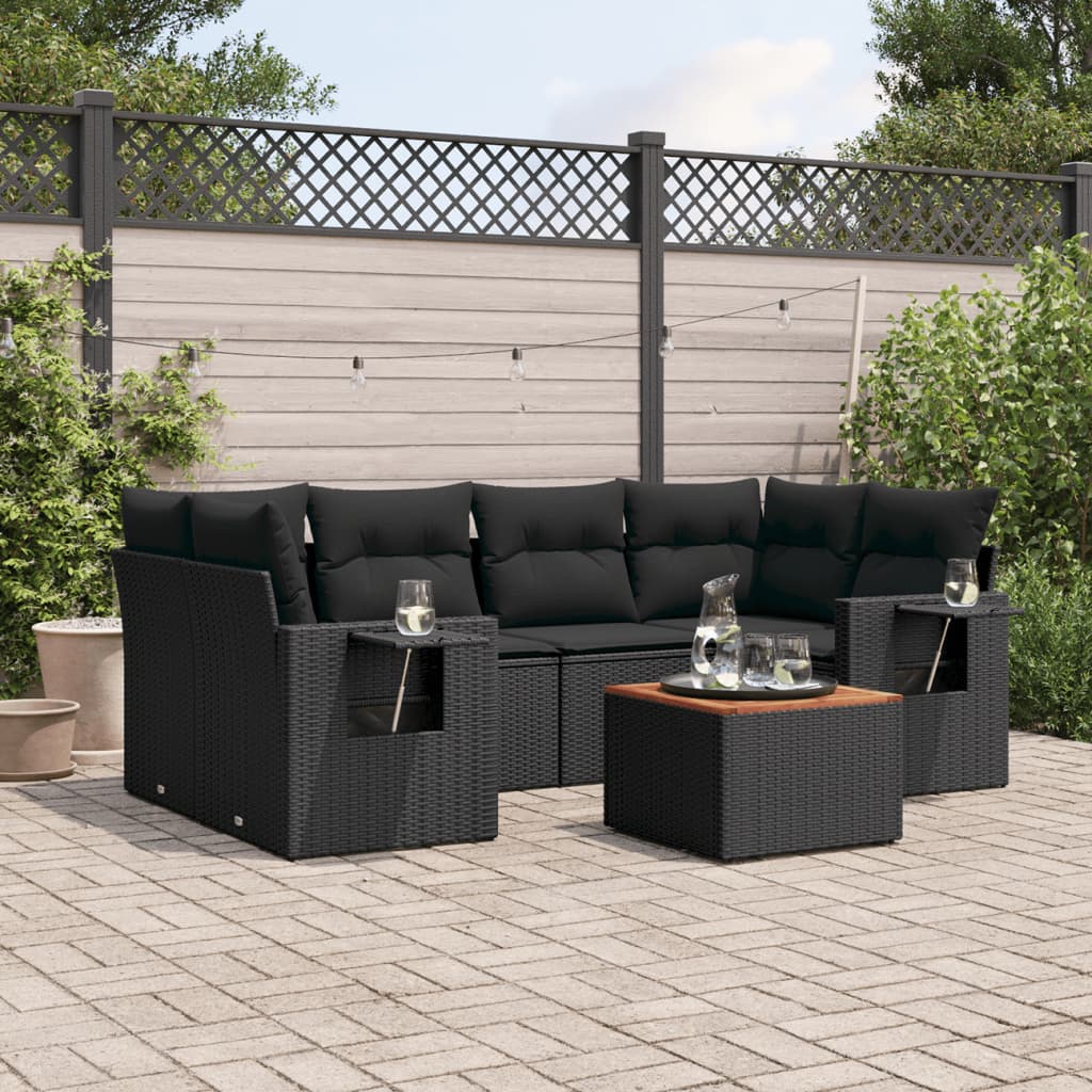 7 Pcs conjunto de sofás p/ jardim c/ almofadões vime PE preto